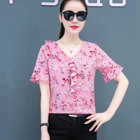 summer pink chiffon womens blouses short sleeve womens tops and blouses ruffled blusas de mujer office lady blusas