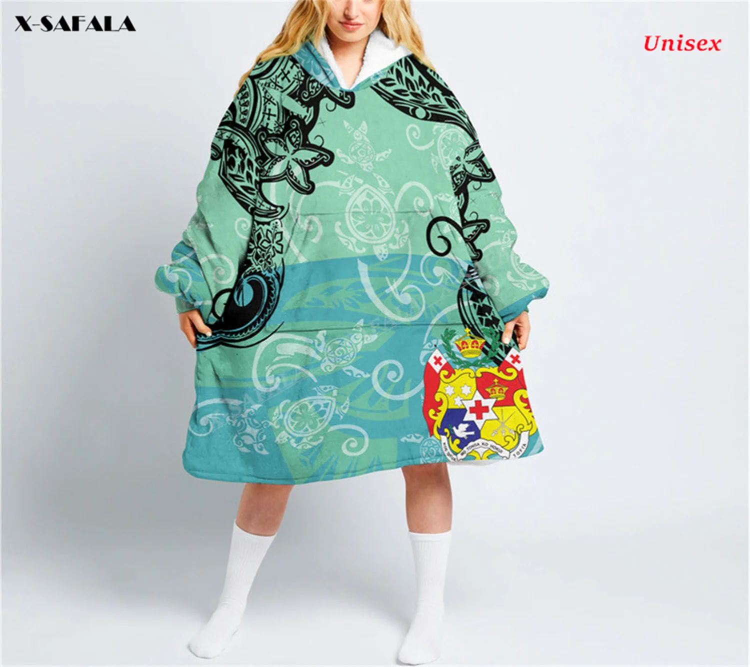 Tonga Vintage Floral Green Print Winter Oversized Hooded Wearable Blanket Hoodie Robes Thicker Flannel Cotton Men Female Pajamas