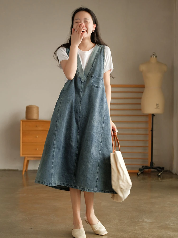 

Dress Summer Women's Clothing Korean Retro Cotton Denim Strap Vest Dress Large Size Loose French Grace Leisure Midi Dress New