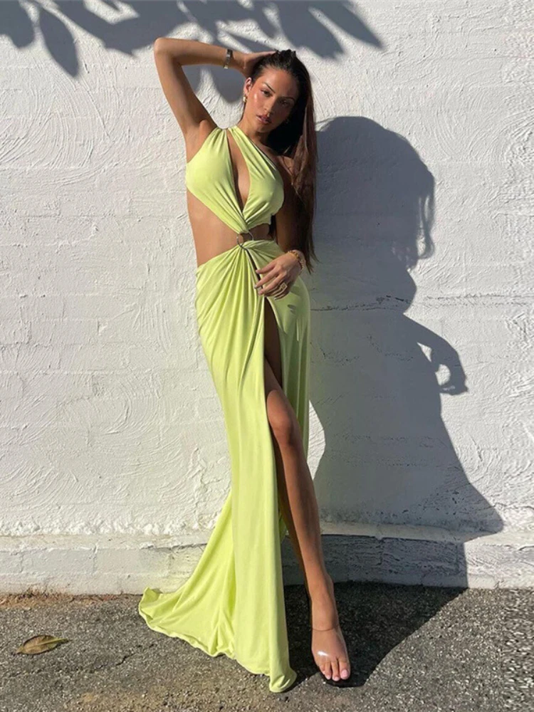

Backless Sexy Green Maxi Dresses for Women One Shoulder Hollow Out Split Bodycon Dress Elegant Party Evening Long Summer Dress