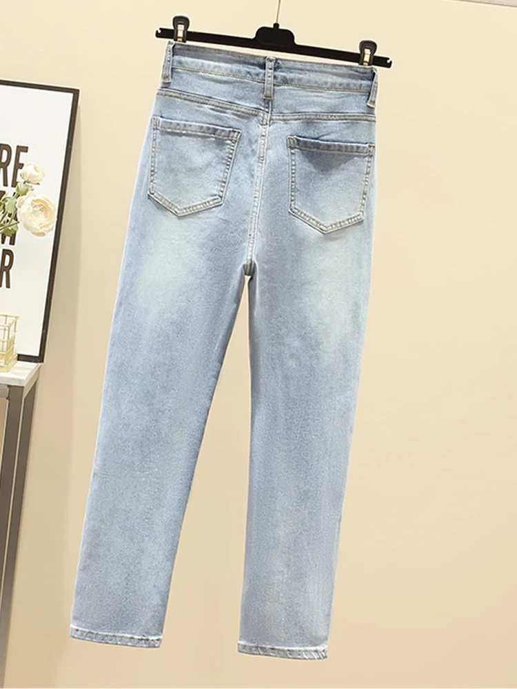 S-3Xl Casual Stretch Jeans With Studded Diamonds And High Waisted Straight Leg Pants 2023 New Korean Fashion Women'S Clothing