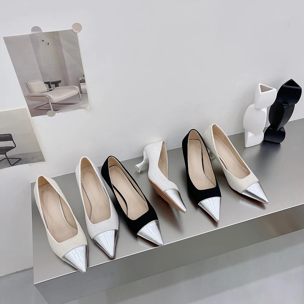 

Fashion Women Pumps Pointed Toe Mixed Color Black Beige White Shallow Slip On Party Pumps Thin High Heels Dress Shoes Woman 39