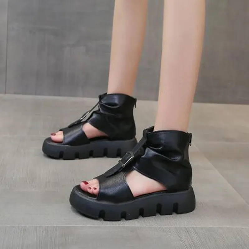 

Сандалии женские из натуральной кожи, босоножки на плоской платформе, на молнии, без застежки, Ретро стиль, ручная работа, лето