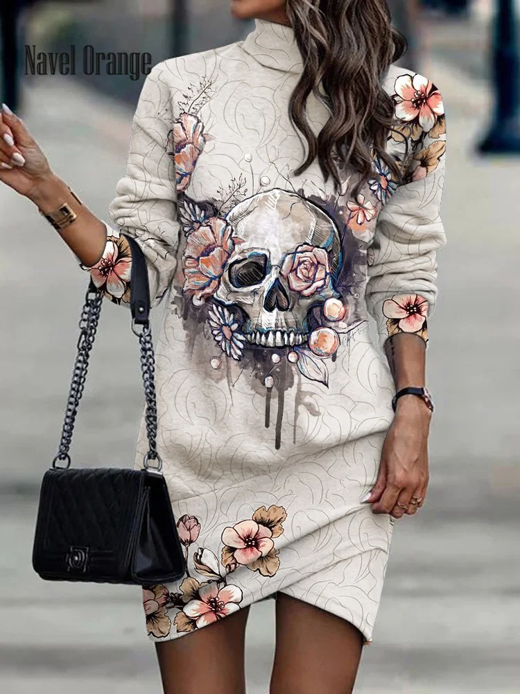 

2022 Women Printed Irregular Patchwork Party Dress Autumn Half High Collar Long Sleeve Ladies Mini Dress Streetwear Dropshipping