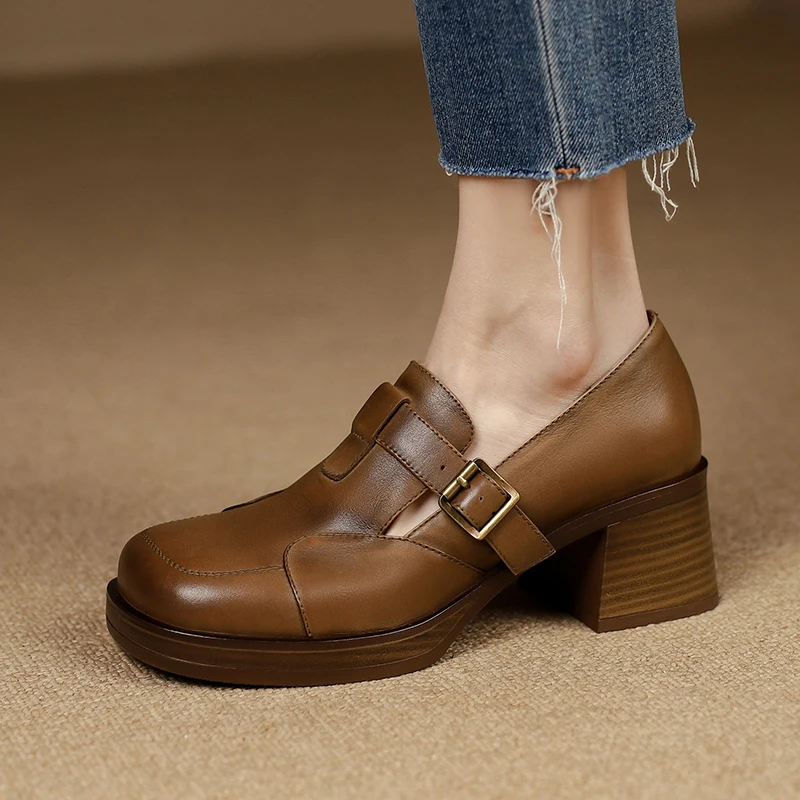 

2023 new Spring autumn women pumps natural leather 22-25cm cowhide+pigskin full leather loafers Retro brush color women shoes