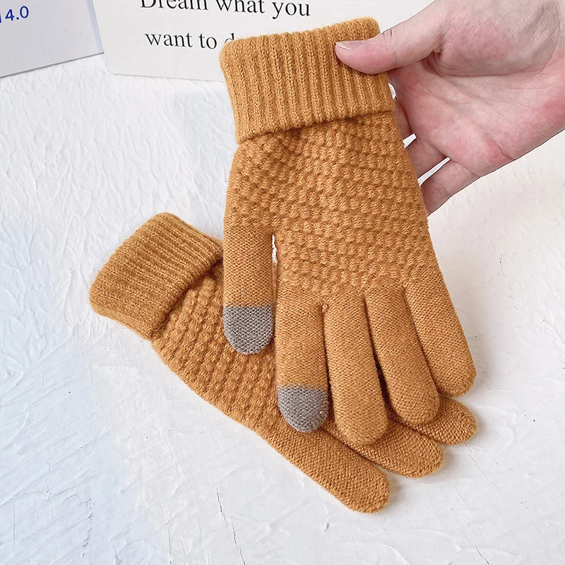 

Autumn Winter Women Warm Gloves Touch Screen Thickened Brushed Cold-proof Knitted Solid Color Cycling Men Full-finger Mitten x11