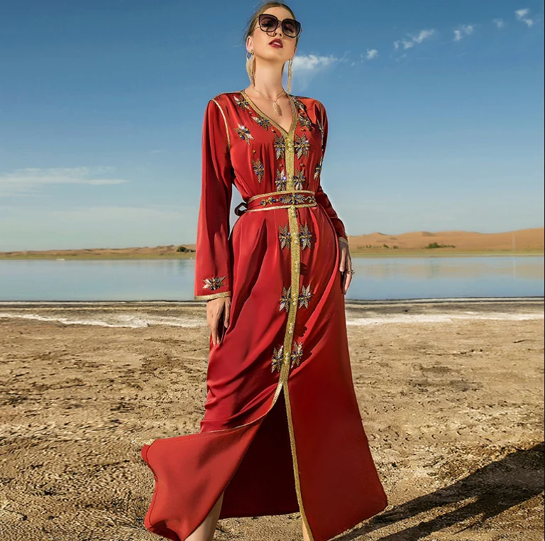 Ramadan Eid Mubarak Orange Abaya Dubai Turkey Islamic Arabic Muslim Long Party Evening Dresses For Women Robe De Soiree Femme