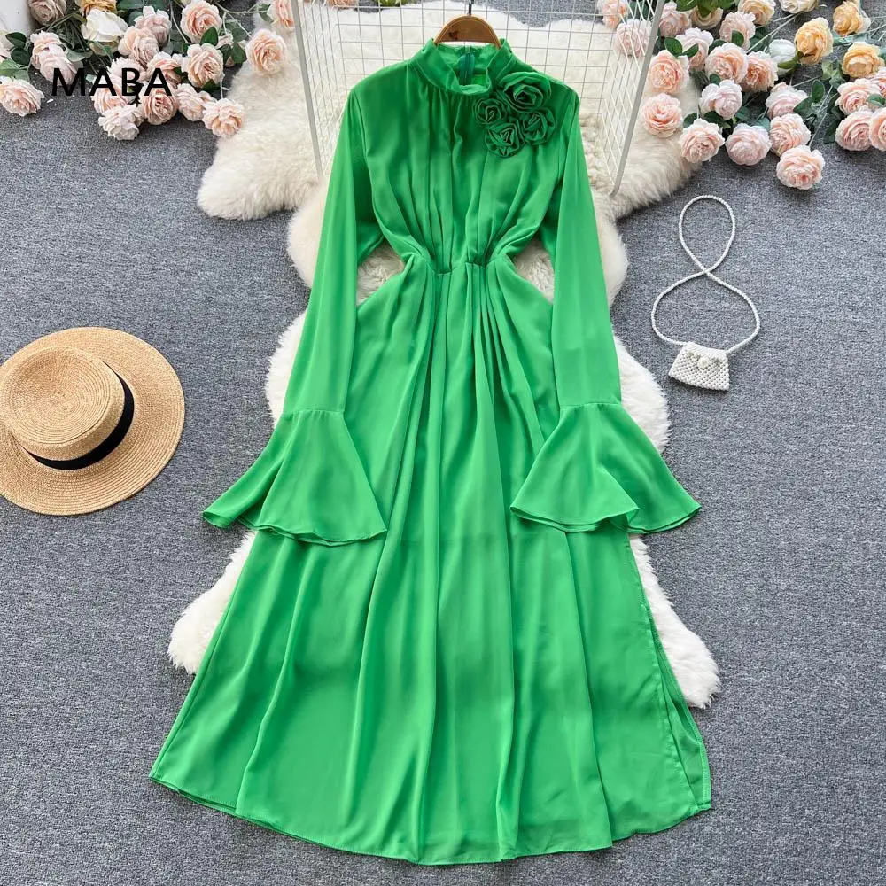 

Women Flare Sleeve High Waist Temperament Stand Neck Long Dress Vestidos Y2k Sweet Korea Tide Spring Summer 2023 Long Robes