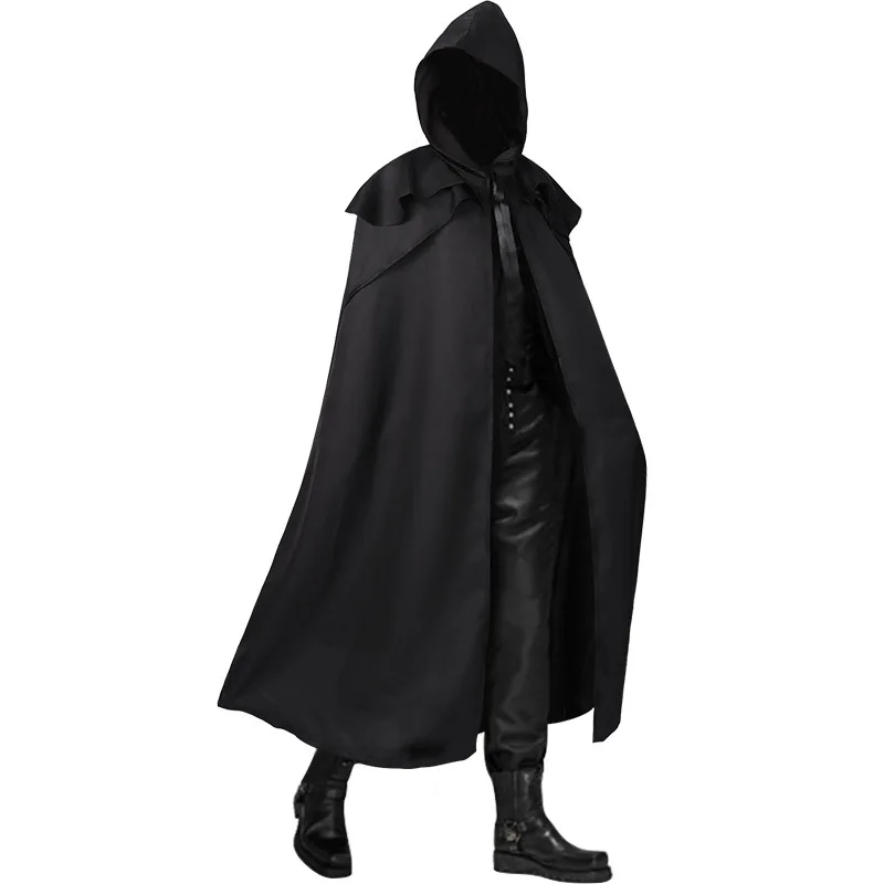 

Medieval Vintage Gothic Halloween Costume Adult Death Cosplay Cloaks Black Hooded Trench Scary Witch Devil Role Play Long Cloak