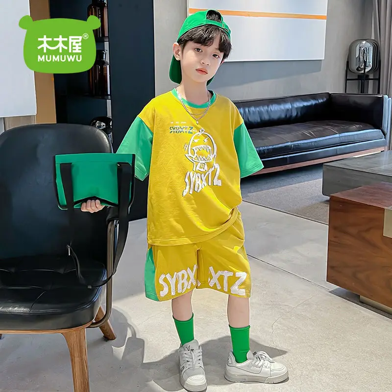 Pure Cotton Boy Sports Short Sleeve Suit Western Style Children's Thin 2022 New Summer Clothes Handsome
