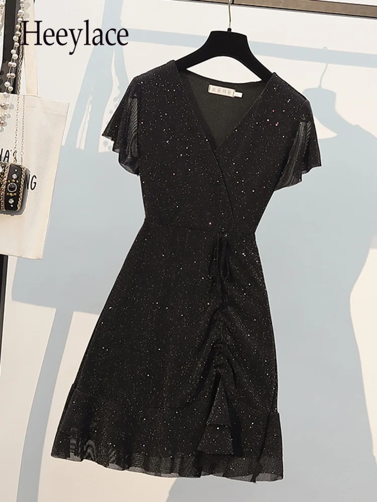 

Summer French Vintage Elegant Sequined Dresses For Women V Neck Short Sleeve Draped High Waist Sexy Party Dresses Female Vestido