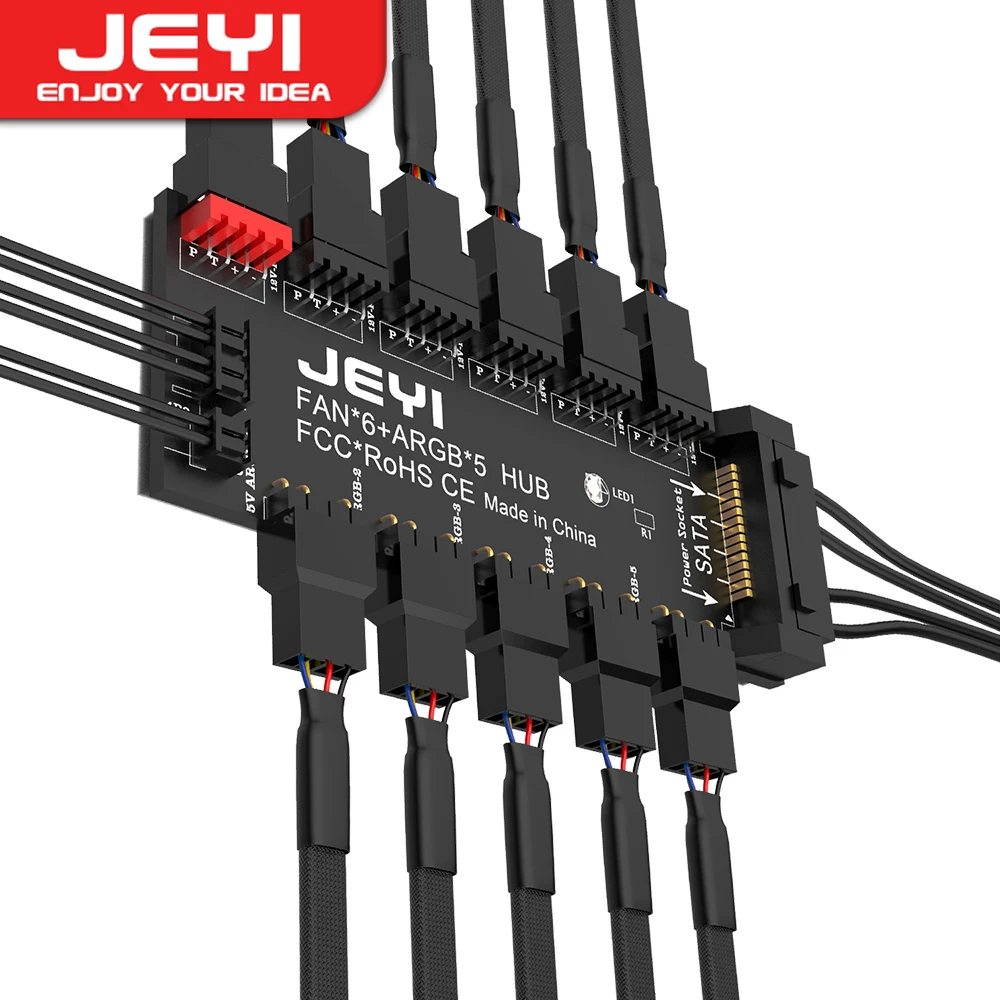 JEYI ARGB PWM 5 Way Fan Hub, Addressable 12V 4Pin PWM & 5V 3Pin ARGB