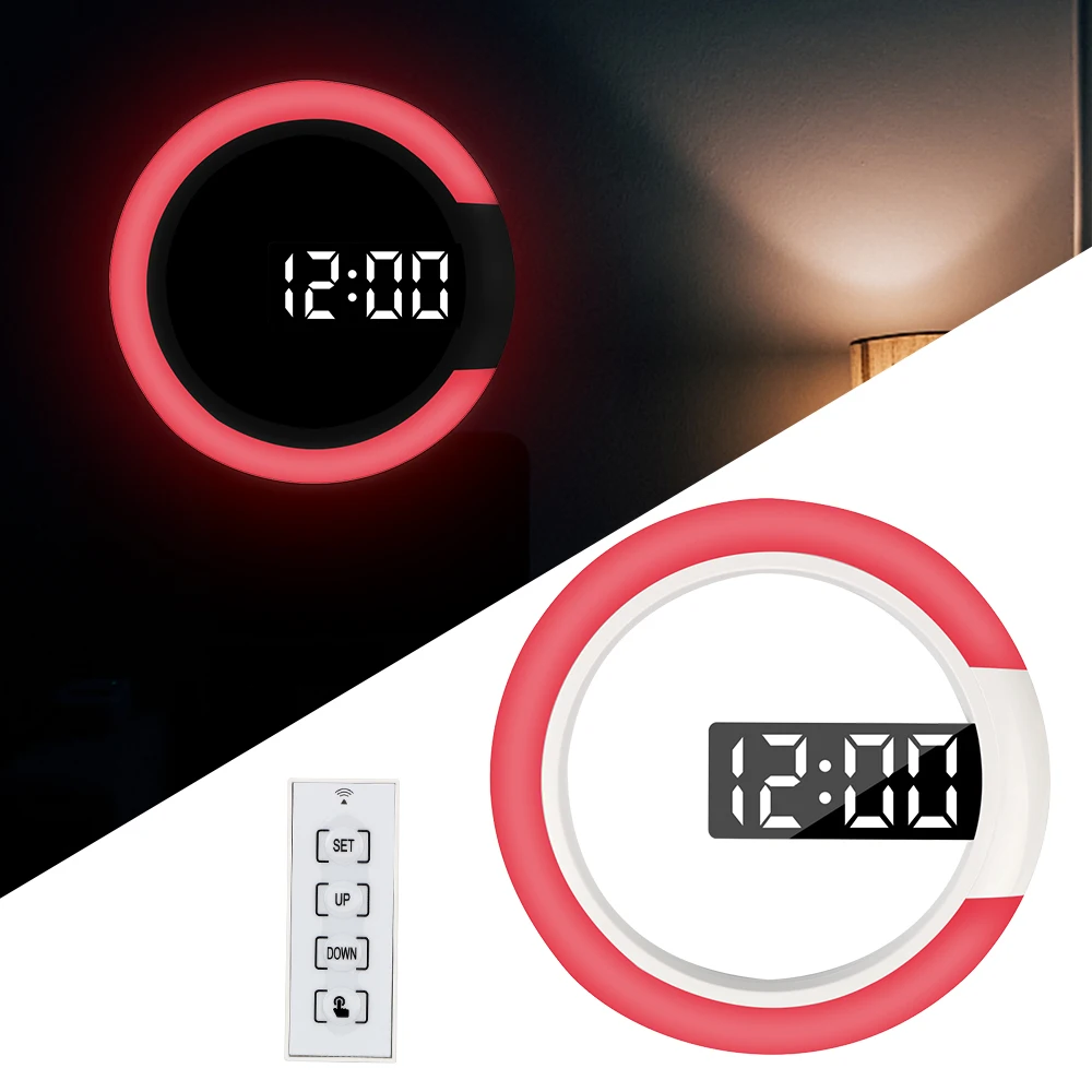 

Светодиодные настенные часы с дистанционным управлением, цифровой ночник с температурным светом, 7 цветов, зеркальный Настольный будильник...