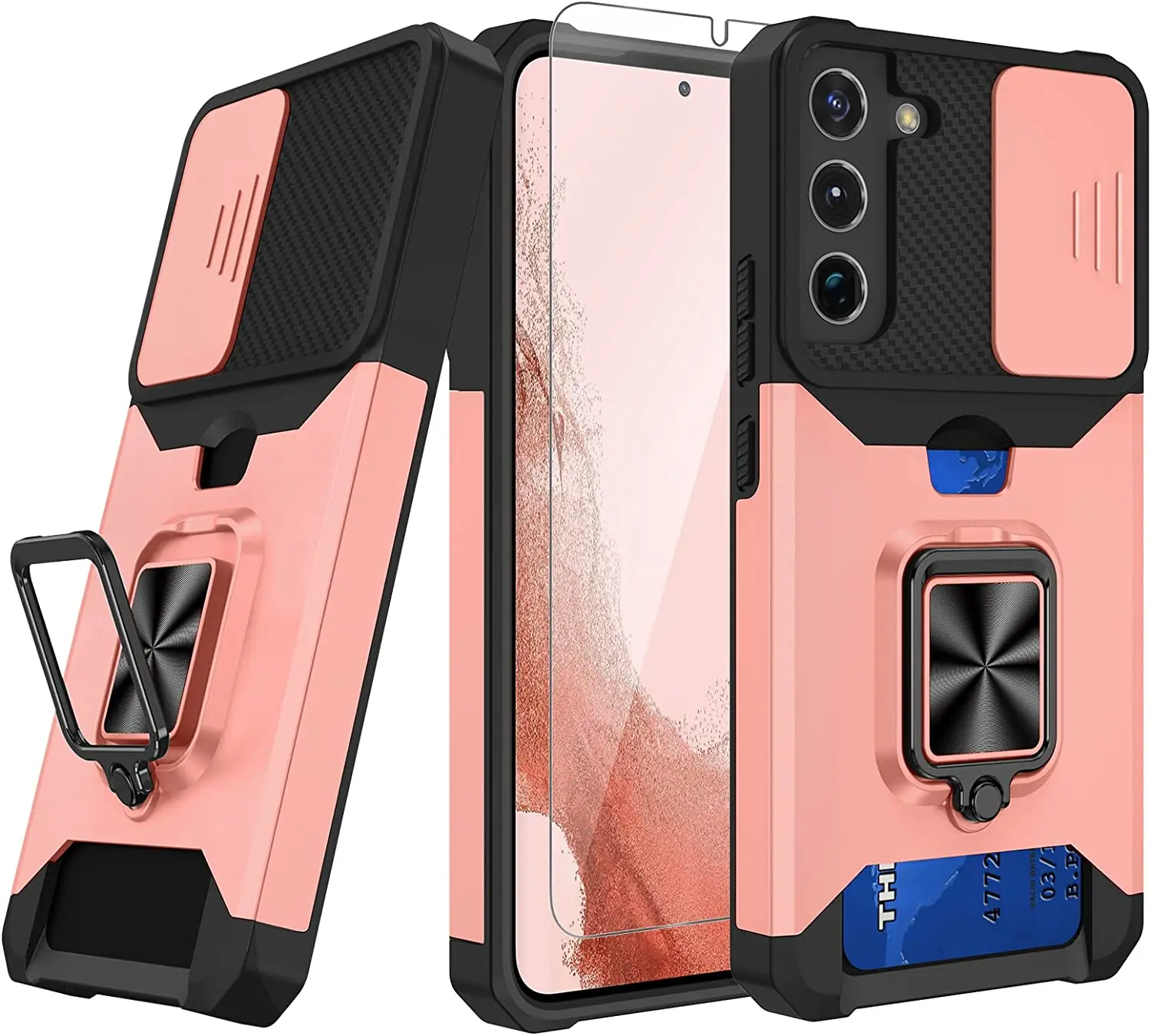 

For Samsung Galaxy S22 Case with Screen Protector Ring Stand Sliding Camera Cover, Heavy Duty Protective Wallet with Stand Clip
