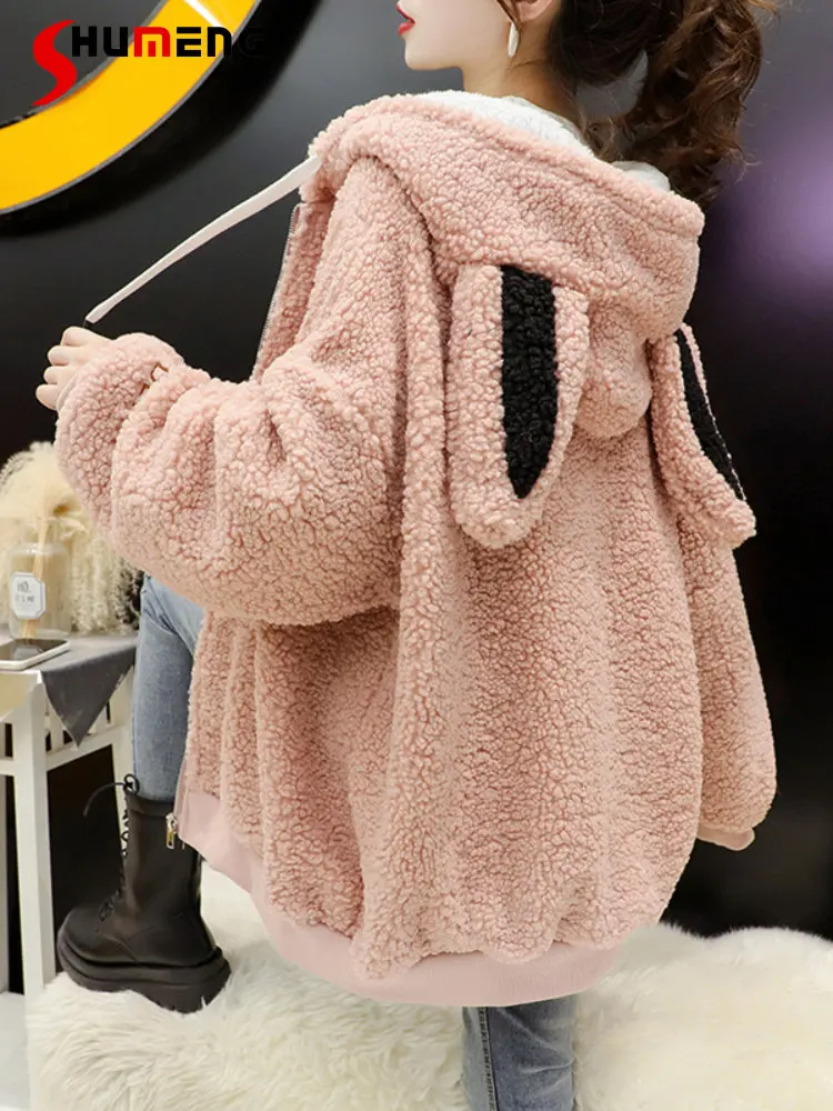 Harajuku Women's Lamb Wool Sweatshirt 2023 Fall New Sweet Fleece Padded Hooded Plush Cardigan Jacket Student Women Sweatshirt