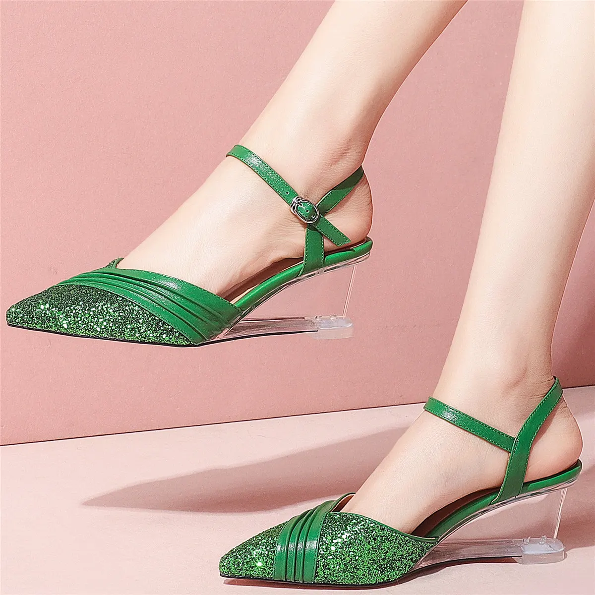 

Wedding Party Gladiator Sandals Women Genuine Leather Wedges High Heel Pumps Female Ankle Strap Pointed Toe Oxfords Casual Shoes