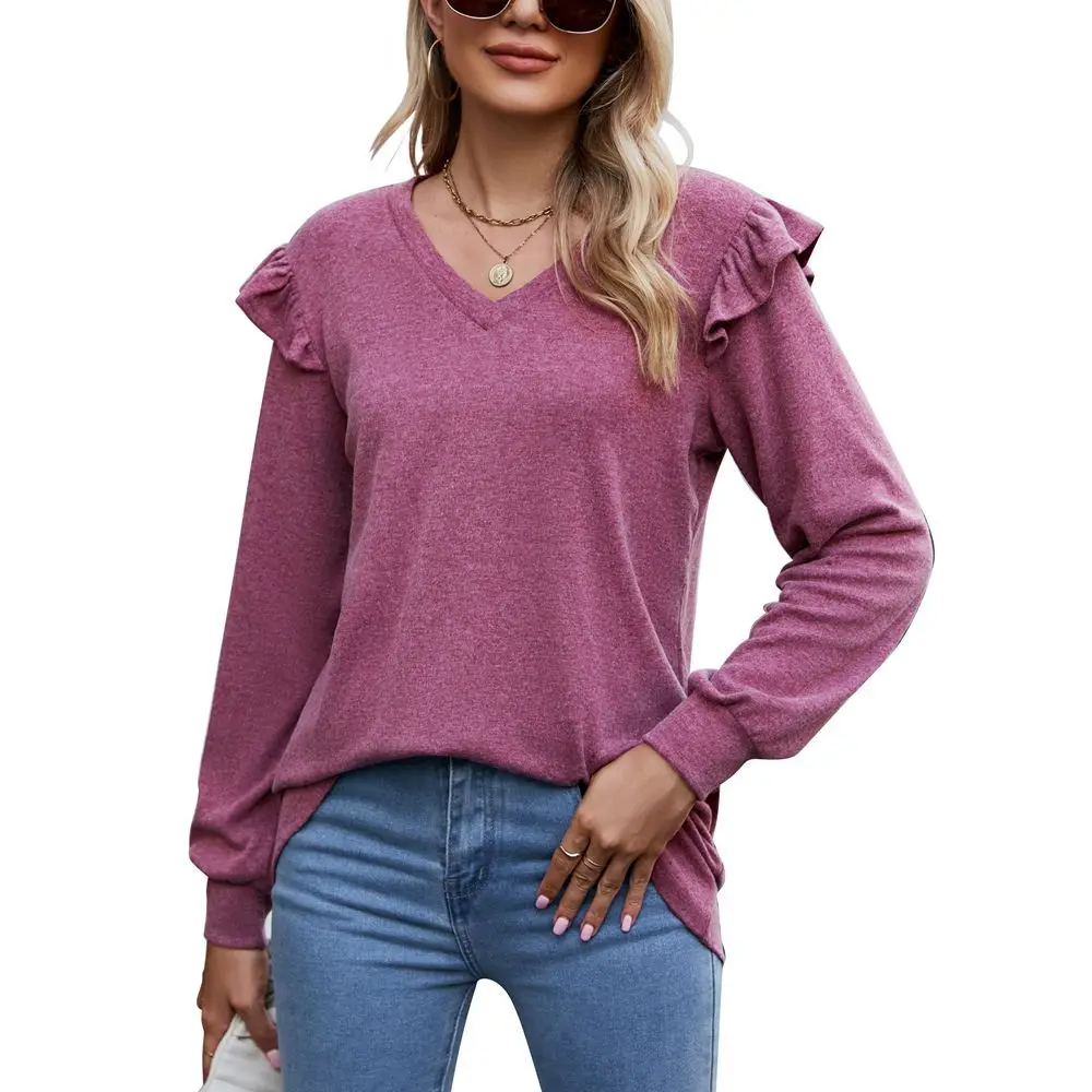 2022 Women's Autumn and Winter New Loose and Casual Fly-sleeve V-neck Long-sleeved T-shirt футболка оверсайз