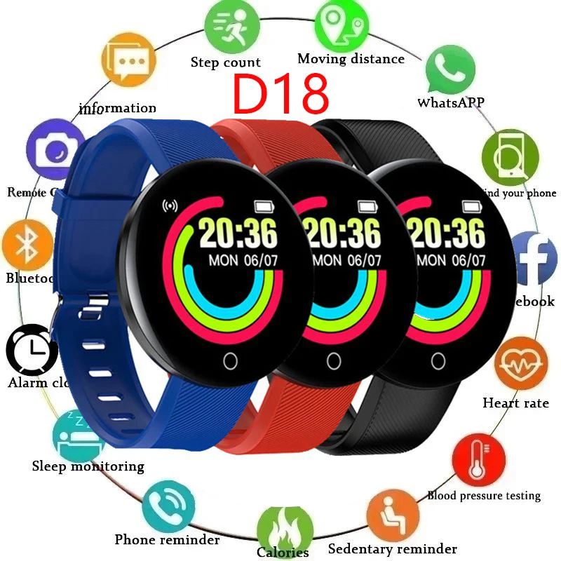 

D18 Upgrade Smart Watch Smartwatch Bracelet Heart Rate Blood Pressure Fitness Tracker Sport Smartband PK M5 M6 M7 Y68 D20 D13 M3