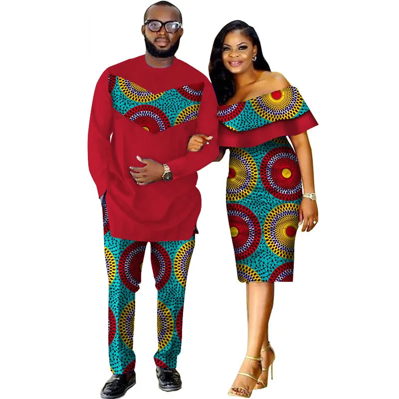 2Pcs African Couple Clothes African Print Clothing for Lovers Men's Suit Women Off Shoulder Bodycon Dress Dashiki 6XL WYQ62