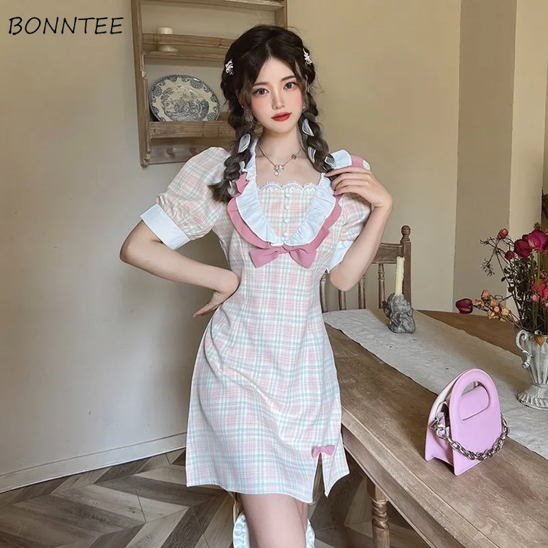 

Short Sleeve Dresses Women Summer Korean Style Sweet Fungus Edge Plaid Kawaii All-match Mini Vestido De Mujer Elegant Aesthetic