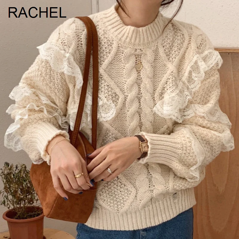 

Женский вязаный пуловер с кружевом, Свободный пуловер с круглым вырезом, корейский Рождественский свитер для зимы