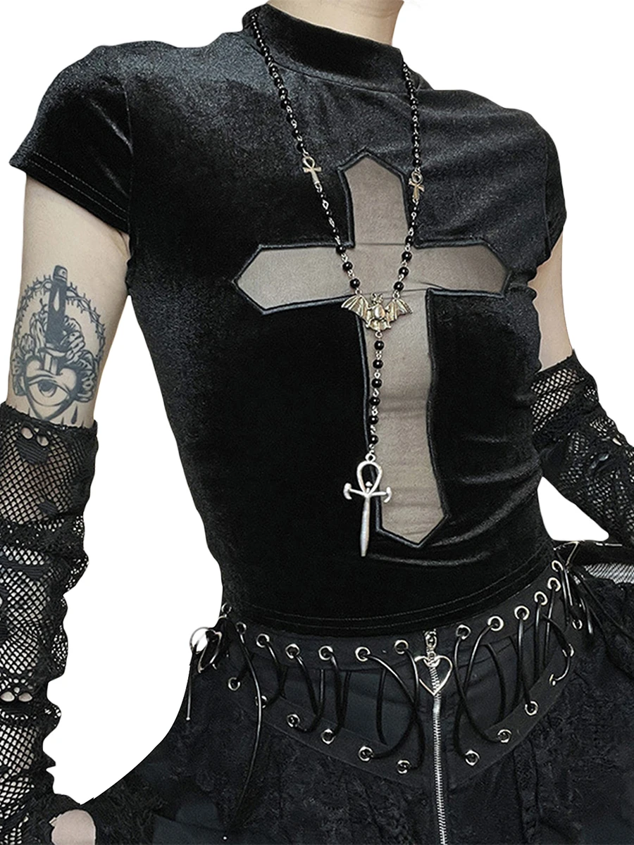 

Женские готические топы, укороченные прозрачные пуловеры с перекрещивающимися ремнями, летние футболки с коротким рукавом, Женская Эстетическая одежда в уличном стиле