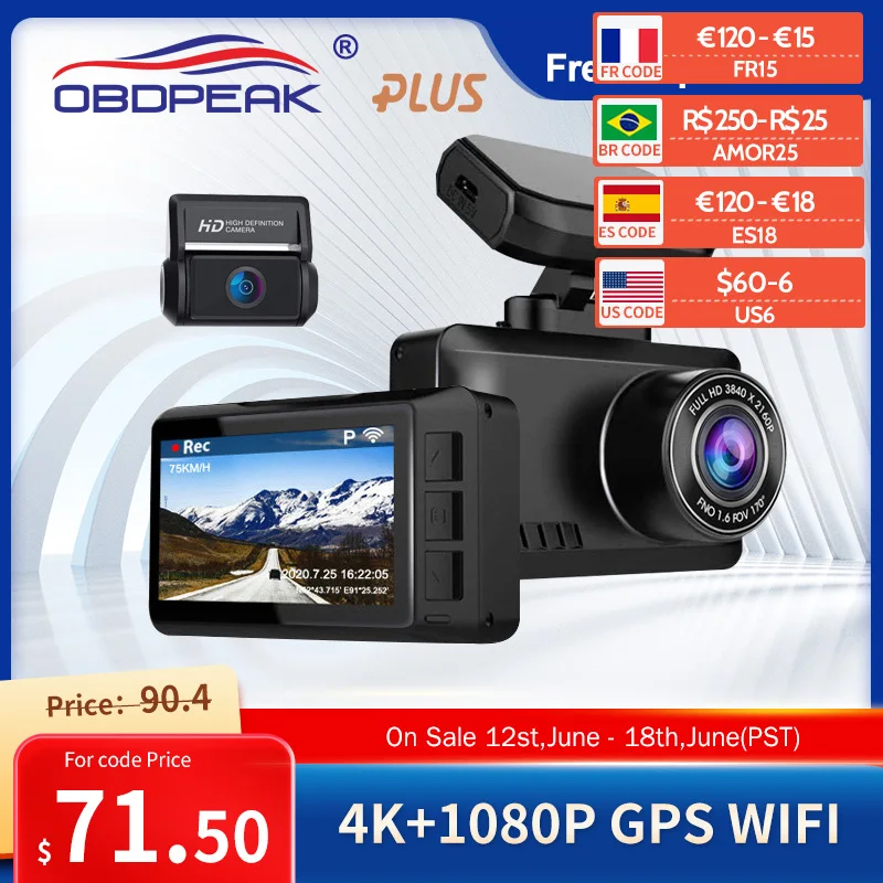 Видеорегистратор OBDPEAK M63, автомобильная камера с двойным объективом Ultra HD, 4K, Wi-Fi, GPS, задним виденьем, функция парковки 24 часа