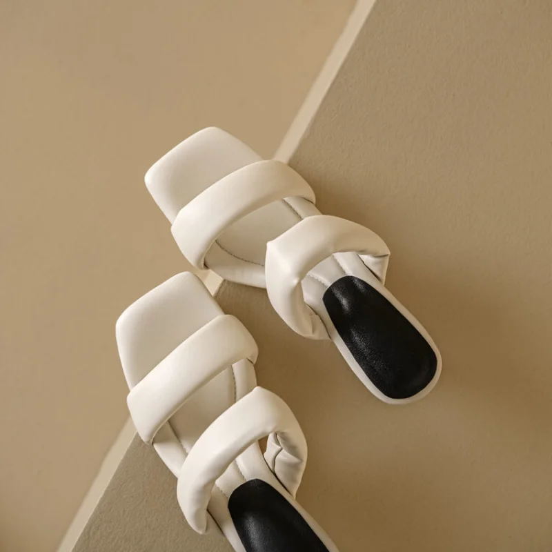 2023 Summer Pure Handmade Original Leather Stepping Poop Feeling Comfortable Fashion Square Head High Heel Sandals 32-44 A513