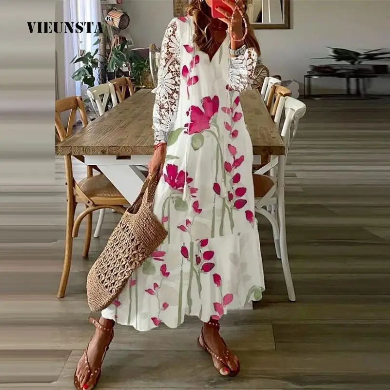 

Повседневные свободные длинные платья-трапеции, весеннее винтажное платье макси с бахромой и V-образным вырезом, женское кружевное лоскутное платье в стиле Харадзюку с длинным рукавом