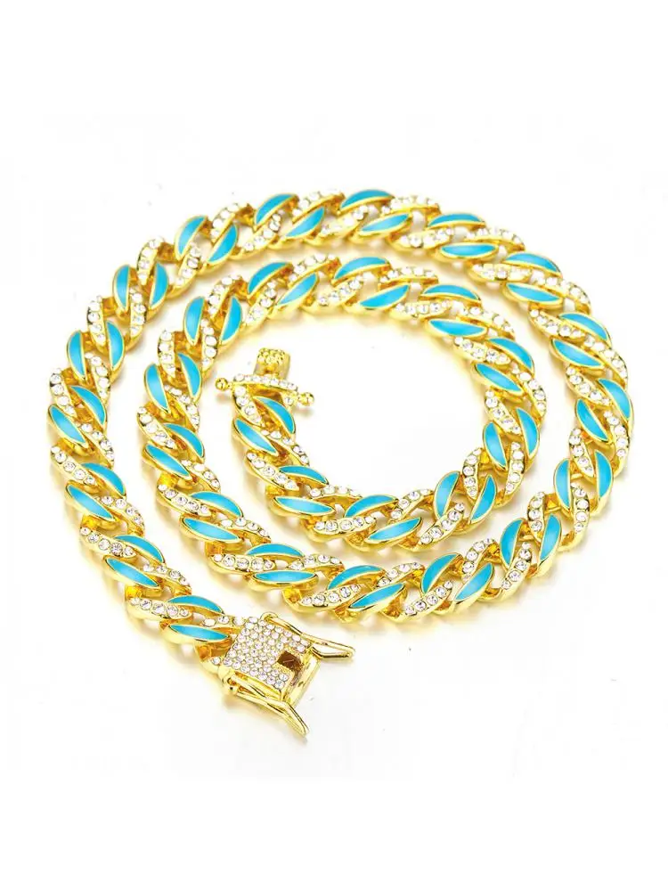 

2022 New High Quality Hip Hop Blue Enamel Cuban Chain Choker Necklace 2 Tone Color Miami Curb Link Hip Hop Jewelry 12mm