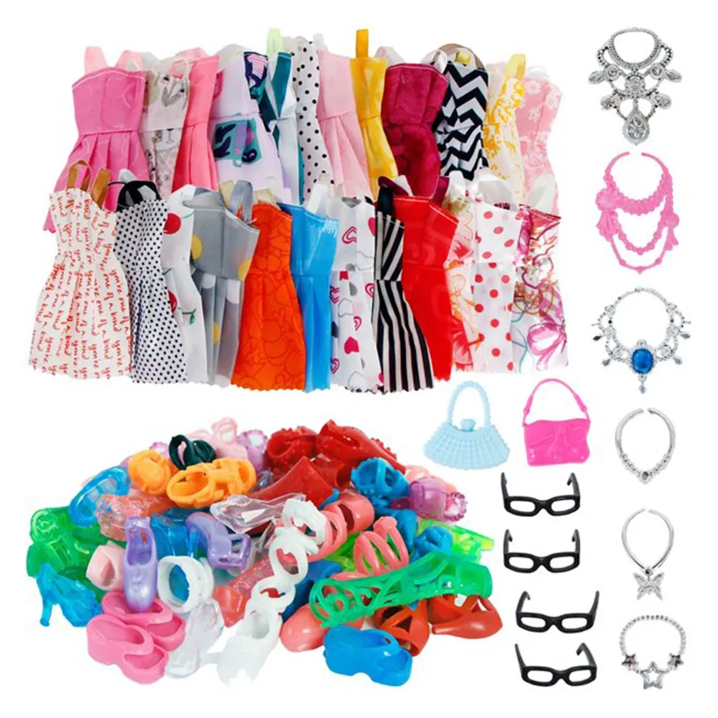 

32 Item/Set Doll Accessories=10 Pcs Doll Clothes Dress+4 Glasses+6 Plastic Necklace+2 Handbag+10 Pairs Shoes for Barbies doll