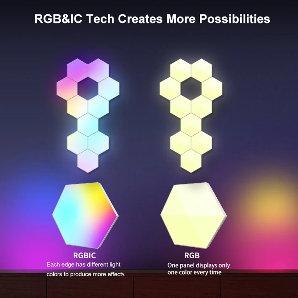 RGBIC Smart Light Board Hexagonal Lamp Indoor Atmosphere Wall Lamp Voice Control APP Night Light Game Room Bedroom Decoration