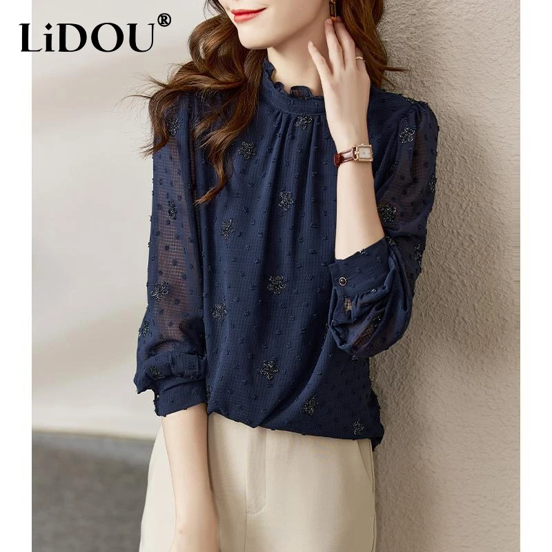 

Spring Autumn New Solid Color Embroidered Stand Collar Long Sleeve Chiffon Shirt Women Edible Tree Fungus All-match Pullovers