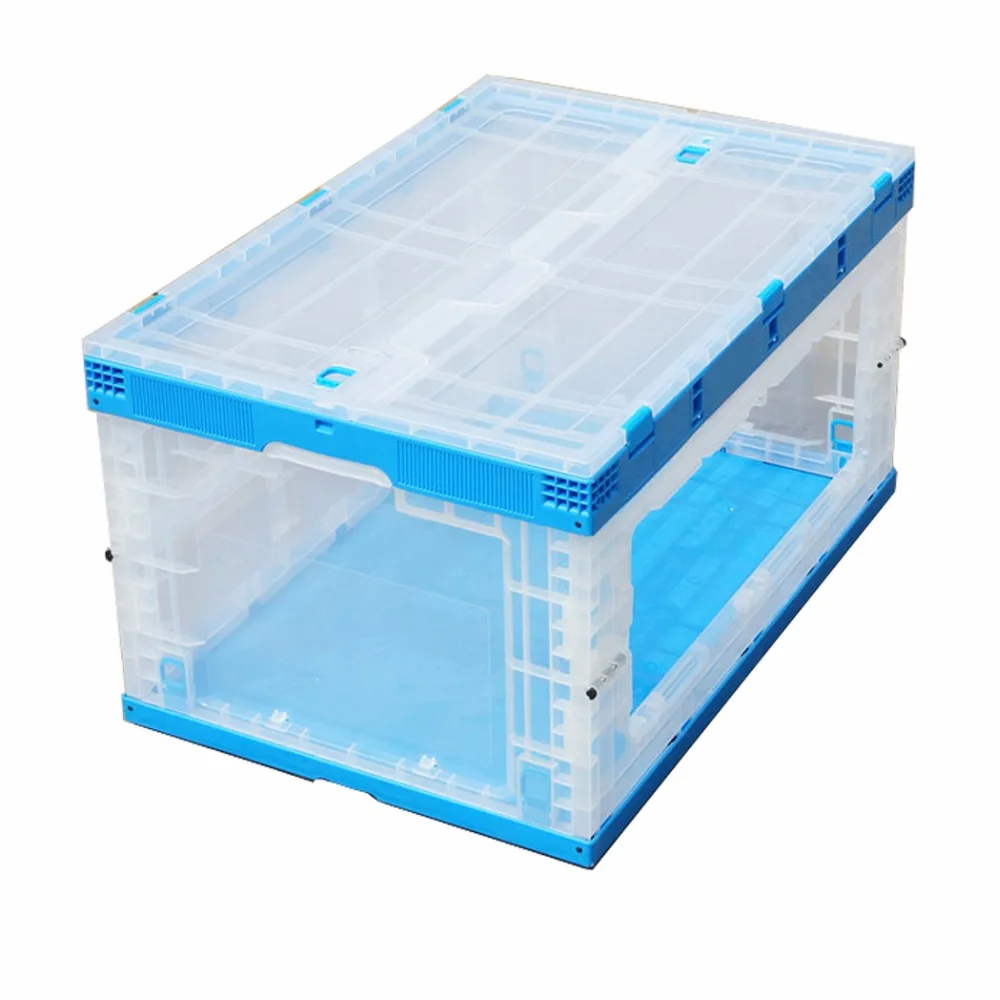 transparent storage plastic folding warehouse equipment stackable plastic attached lid crate box for sale