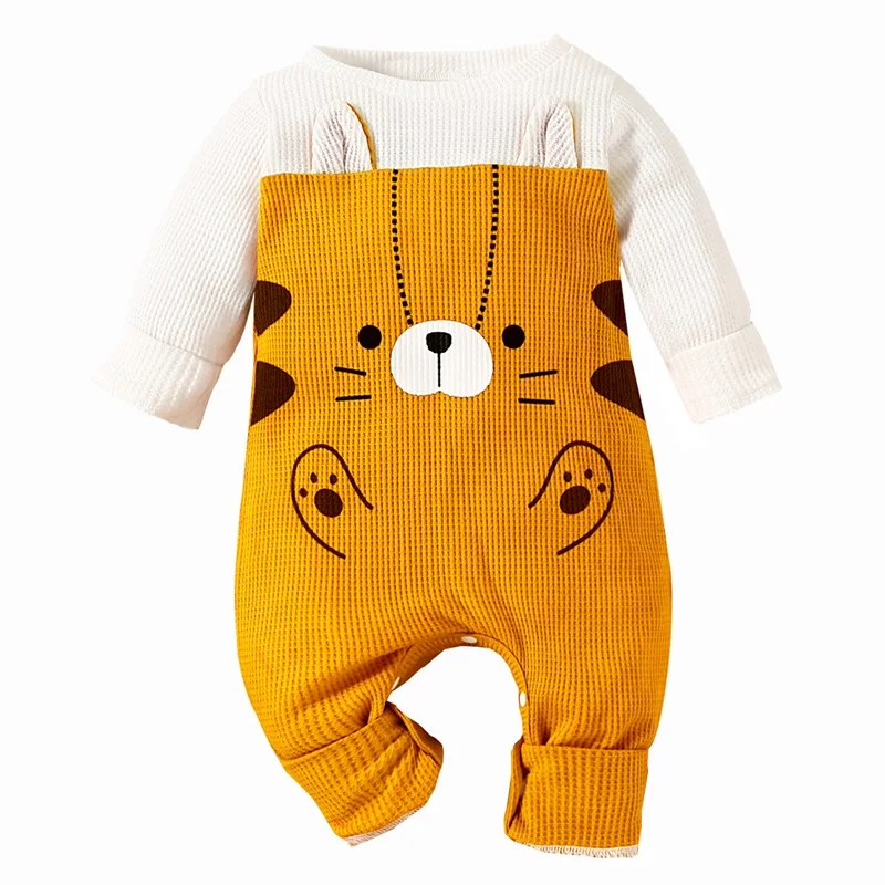 

BeQeuewll Infant Baby Boys Girls Footless Waffle Jumpsuit Cute Cartoon Tiger Print Long Sleeve Fall Romper For 0-18 Months