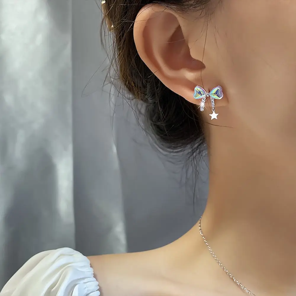 

2023 Trendy 925 Sliver Needle Colorful Zircon Bow Stud Earrings for Women Luxury Chic Daily Party Earrings Sweet Jewelry Gift