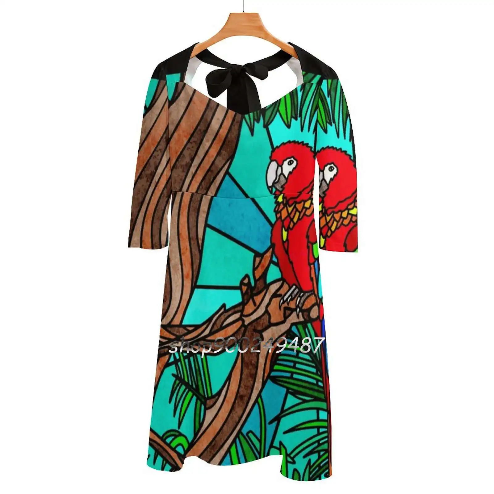 

Женское платье с квадратным вырезом, белое платье с принтом попугаев, тропических лесов, дождя, гор, диких птиц