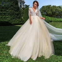 bridal ball gown v neck lace appliques wedding dresses for women illusion button vestido de novia tull court train custom made