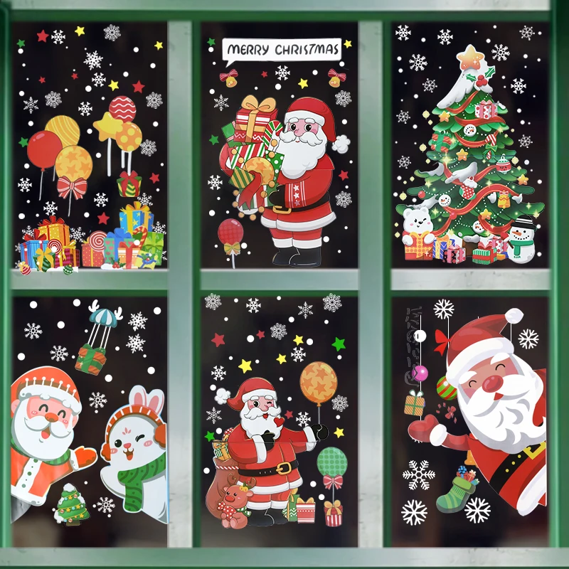 

Merry Christmas Window Stickers Cute Santa Claus Snowman Snowflake Window Sticker Xmas New Year Party Home Wall Decal Decoration