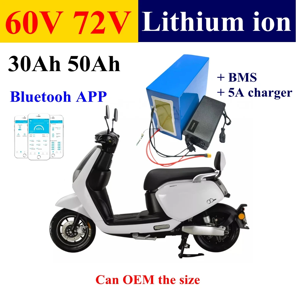 Фото 60/72V30Ah 50Ah литий-ионный аккумулятор Bluetooth BMS APP для скутера 1800 Вт 3000 Вт 5000 Вт 7000 Вт, мотоцикла, трехколесного велосипеда EV + зарядное устройство №1
