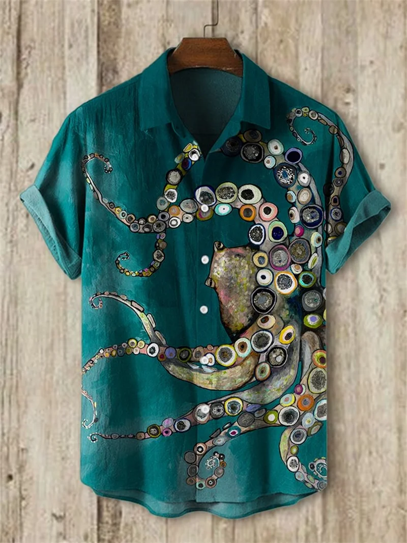 Повседневная льняная мужская рубашка с узором осьминога повседневная гавайская