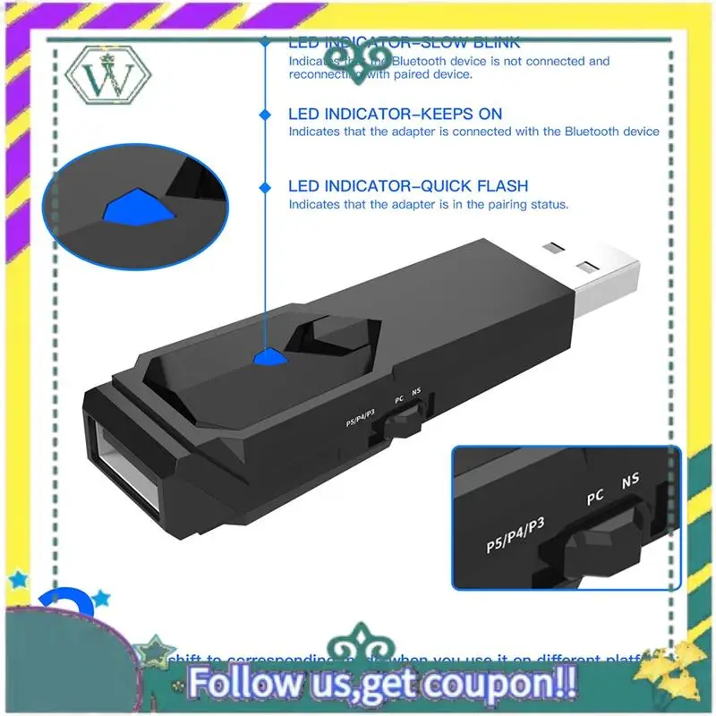 Фото A28Q-Беспроводной USB-конвертер для PS5 PS4 PS3 Switch OLED Bluetooth Геймпад Адаптер игрового контроллера Проводной адаптер контроллера №5