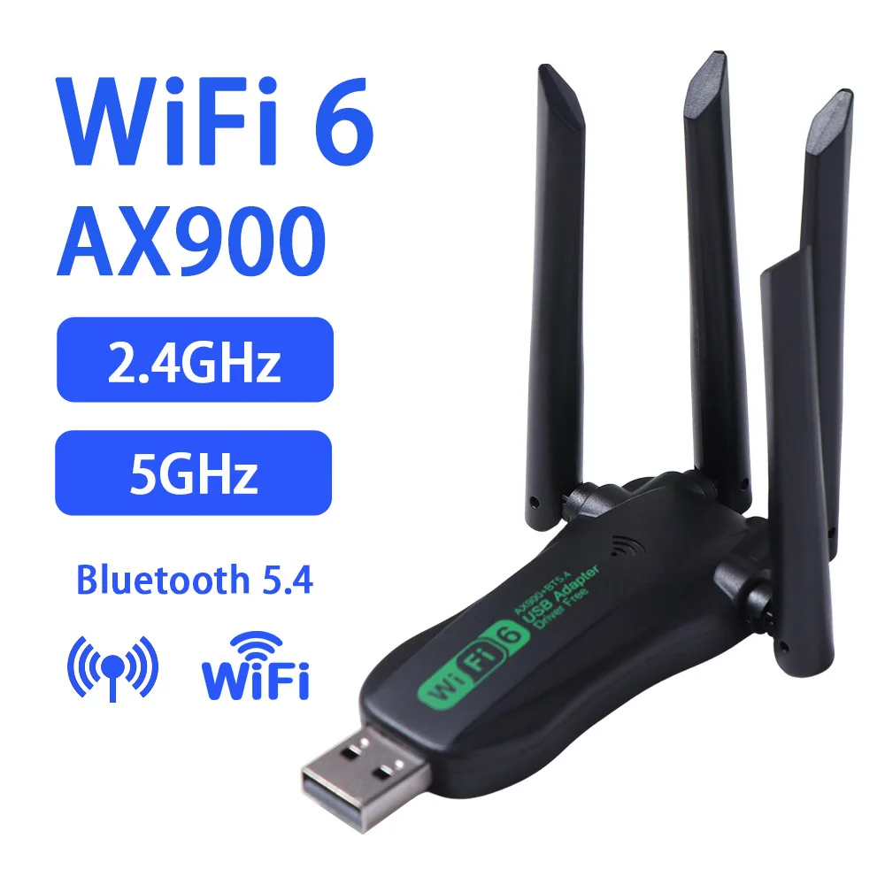 Фото USB-адаптер AX900 Dual Band WiFi6 с 4 антеннами, Bluetooth 5.4, 900 Мбит/с, Wi-Fi донгл, USB-интерфейс, без драйверов, беспроводная сетевая карта №1