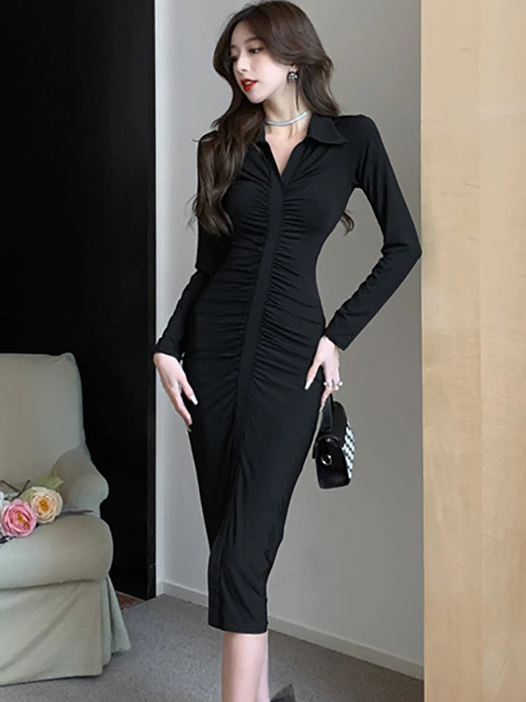 

Осенне-зимнее черное Плиссированное облегающее длинное платье, женское платье-рубашка с длинным рукавом и воротником-поло, 2023 корейское винтажное платье в стиле Хепберн