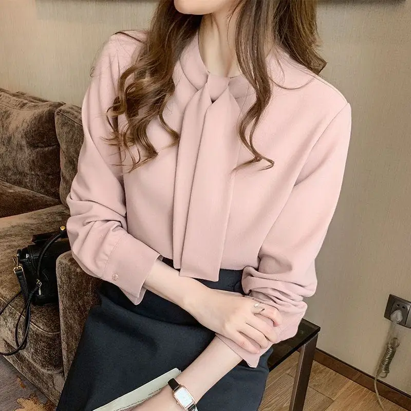

2022 Autumn New Fashion Chiffon Women Blouse and Tops Office Long Sleeve Pink Ladies Shirts With Tie Loose Female Clothing