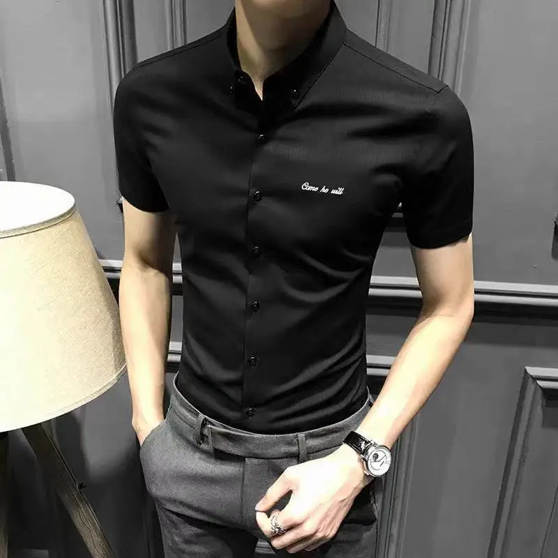 New elastic short-sleeved shirts men's spring and summer high-end striped shirts summer casual business slim-fit non-iron tops