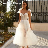 princess wedding dress a line sweetheart neck tea length sleeveless with spaghetti strap backless lace bows vestidos de novia