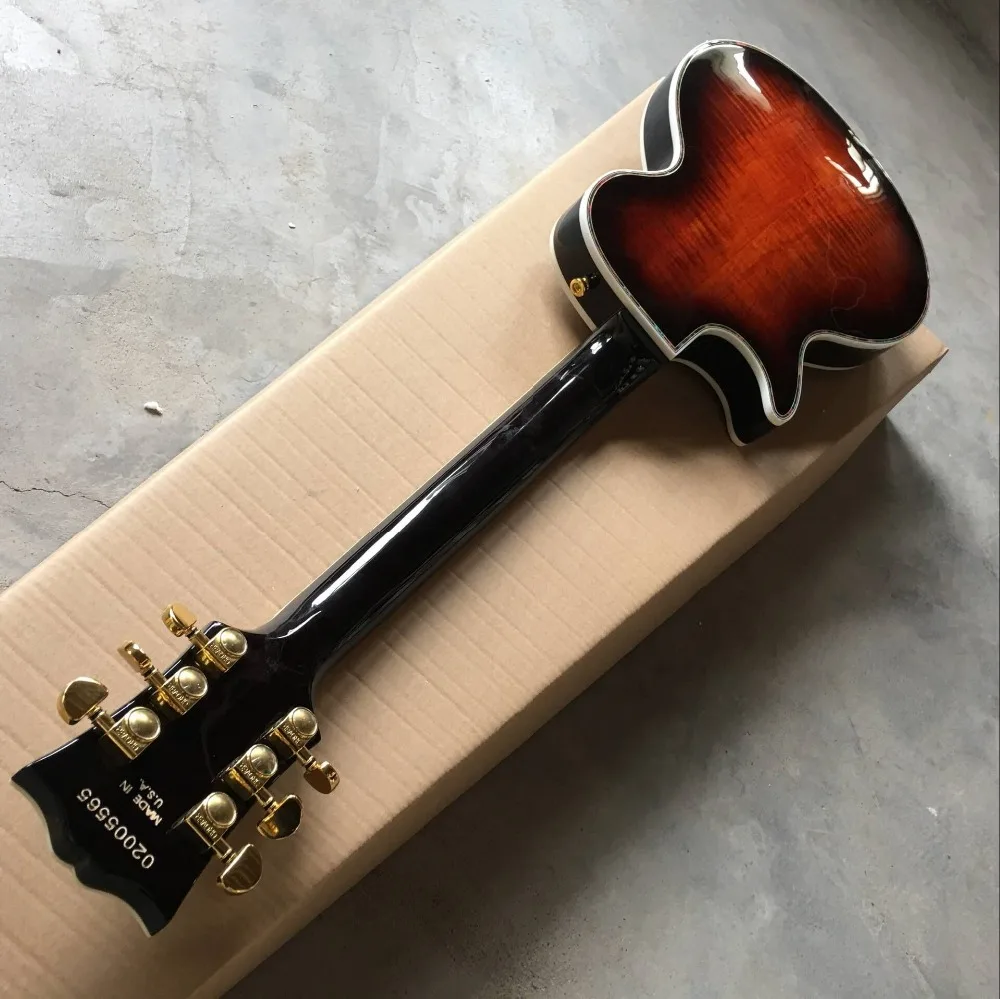 Пользовательский магазин. Электрическая гитара Tiger Flame Sunburst, цвет 6 отверстий, gitaar, полуполый корпус, джазовая гитара