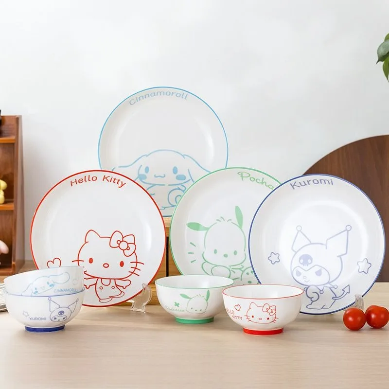 

Sanrioed Pochacco Kuromi Hello Kitty Tableware Cute Cartoon Household Simple Ins Ceramic Bowl Plate Kawaii Noodle Bowl Gift