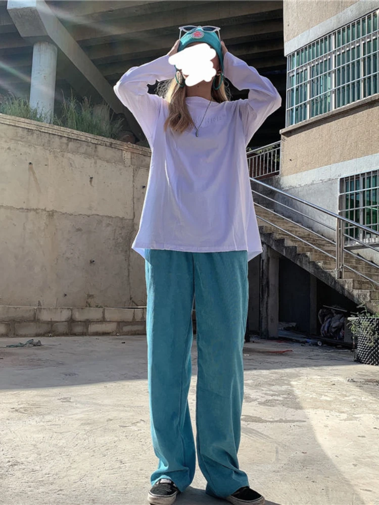 Брюки женские вельветовые большого размера голубые в Корейском стиле на лето 2021 |